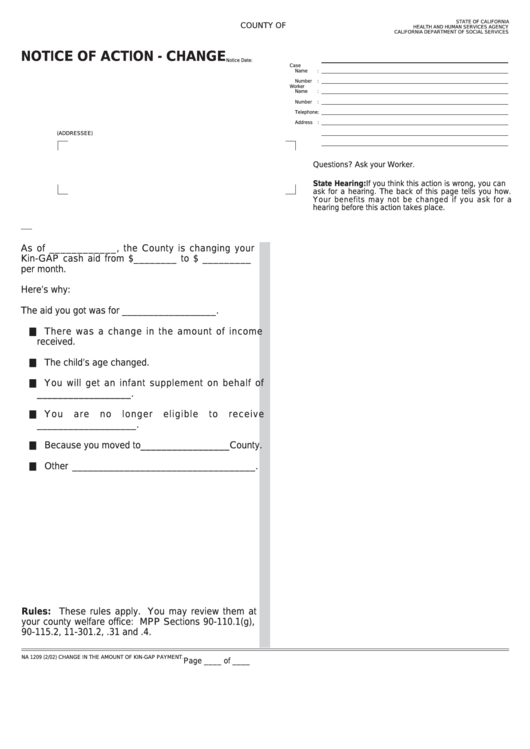 Fillable Form Na 1209 - Notice Of Action - Change In The Amount Of Kin-Gap Payment Printable pdf