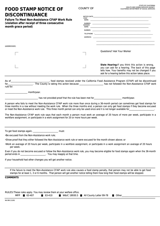 Fillable Form Na 996 - Food Stamp Notice Of Discontinuance - Failure To Meet Non-Assistance Cfap Work Rule (Violation After Receipt Of Three Consecutive Month Grace Period) Printable pdf