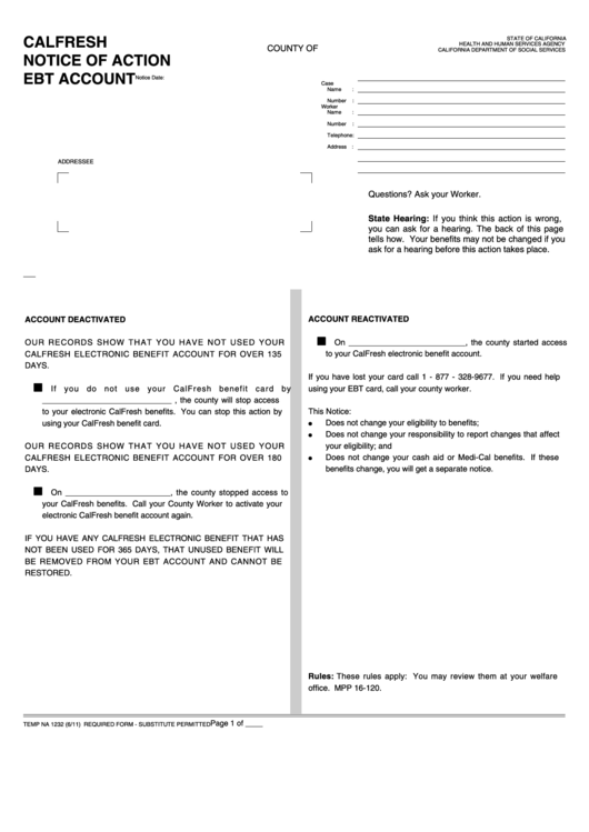 Fillable Form Temp Na 1232 - Calfresh Notice Of Action Ebt Account Printable pdf