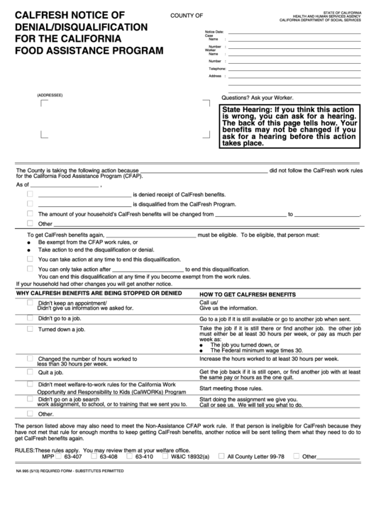 Fillable Form Na 995 - Food Stamp Notice Of Denial/disqualification For The California Food Assistance Program Printable pdf