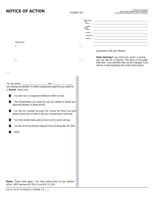 Fillable Form Temp Na 1229 - Notice Of Action Printable pdf