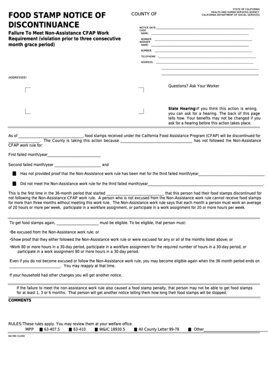 Fillable Form Na 994 - Food Stamp Notice Of Discontinuance - Failure To Meet Non-Assistance Cfap Work Requirement (Violation Prior To Three Consecutive Month Grace Period) Printable pdf