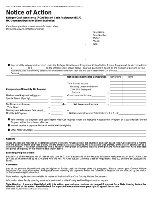 Fillable Form Na 991 - Notice Of Action - Refugee Cash Assistance (Rca)/entrant Cash Assistance (Eca) Mc-Decrease/expiration (Time-Expiration) Printable pdf