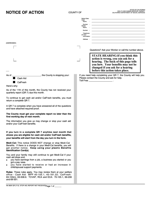 Fillable Form Na 960x Qr - Notice Of Action - Stop Aid - Report Not Received Printable pdf
