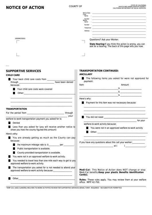Fillable Form Temp 2211 - Notice Of Action Printable pdf