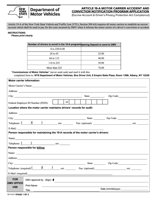 Fillable Form Ds-19 - Article 19-A Motor Carrier Accident And Conviction Notification Program Application Printable pdf