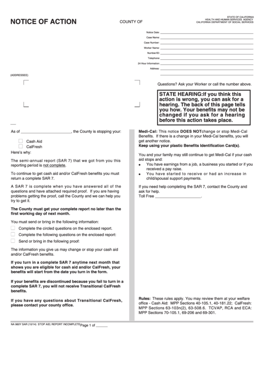 Fillable Form Na 960y Sar - Notice Of Action - Stop Aid - Report Incomplete Printable pdf