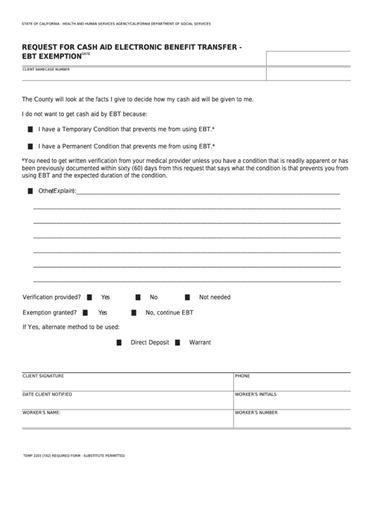 Fillable Form Temp 2203 - Request For Cash Aid Electronic Benefit Transfer - Ebt Exemption Printable pdf