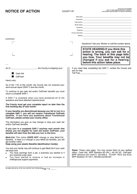 Fillable Form Na 960x Sar - Notice Of Action - Stop Aid - Report Not Received Printable pdf