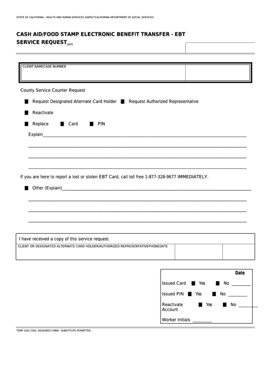 Fillable Form Temp 2202 - Cash Aid/food Stamp Electronic Benefit Transfer - Ebt Service Request Printable pdf