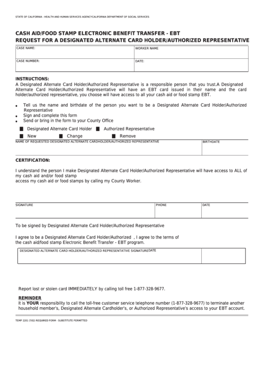 Fillable Form Temp 2201 - Cash Aid/food Stamp Electronic Benefit Transfer - Ebt Request For A Designated Alternate Card Holder/authorized Representative Printable pdf