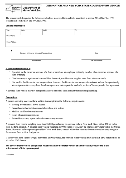 Form Cfv-1 - Designation As A New York State Covered Farm Vehicle Printable pdf