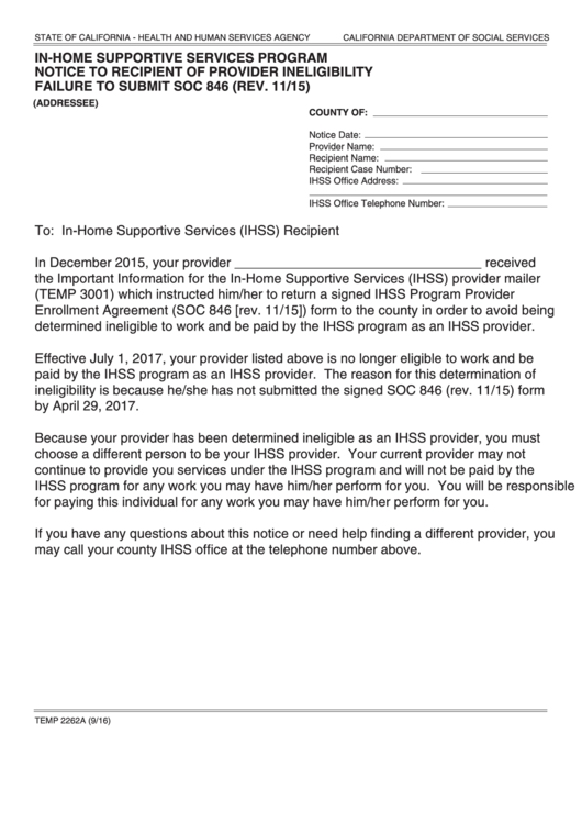 Form Temp 2262a - In-Home Supportive Services Program Notice To Recipient Of Provider Ineligibility Printable pdf