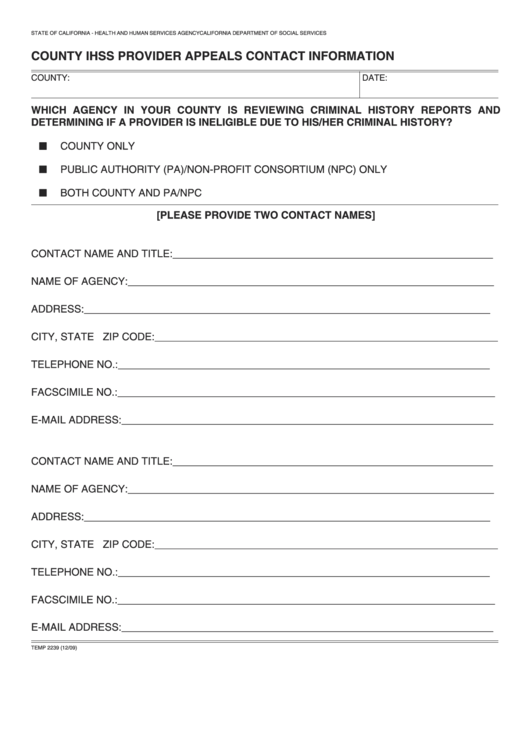Fillable Form Temp 2239 - County Ihss Provider Appeals Contact Information Printable pdf