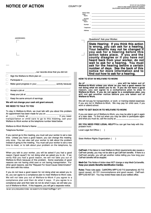 Fillable Form Na 841 - Notice Of Action - Welfare-To-Work Plan Printable pdf
