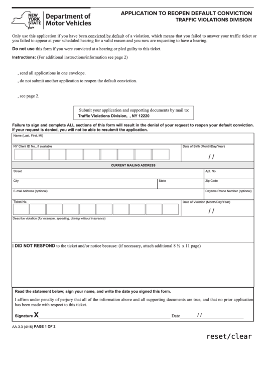 Fillable Form Aa-3.3 - Application To Reopen Default Conviction Printable pdf
