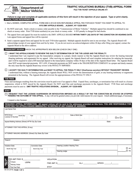 Fillable Form Aa-33 - Traffic Violations Bureau (Tvb) Appeal Form Printable pdf