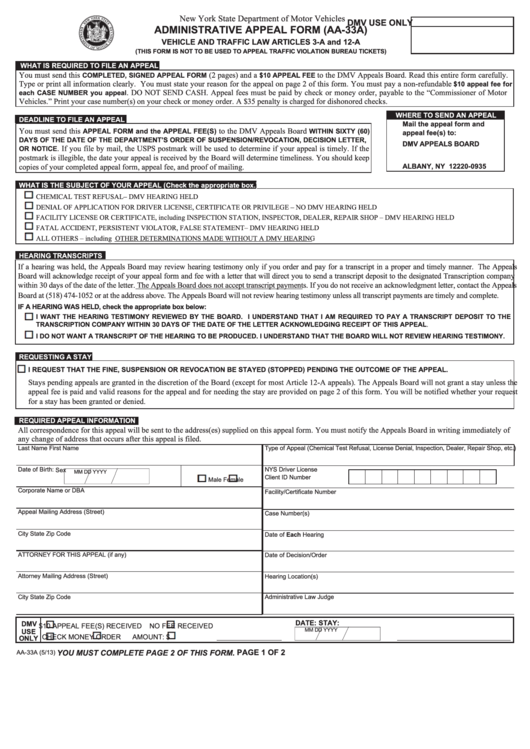 Fillable Form Aa-33a - Administrative Appeal Form Printable pdf