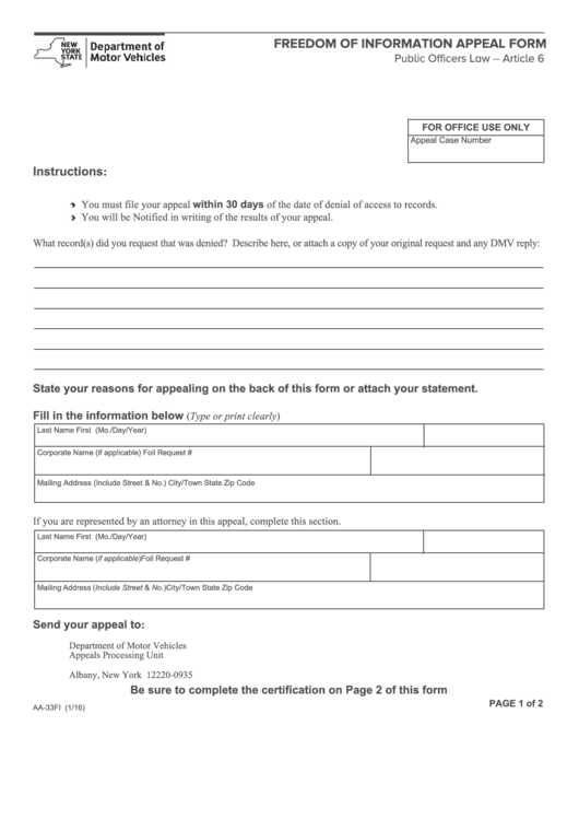 Fillable Form Aa-33fi - Freedom Of Information Appeal Form Printable pdf
