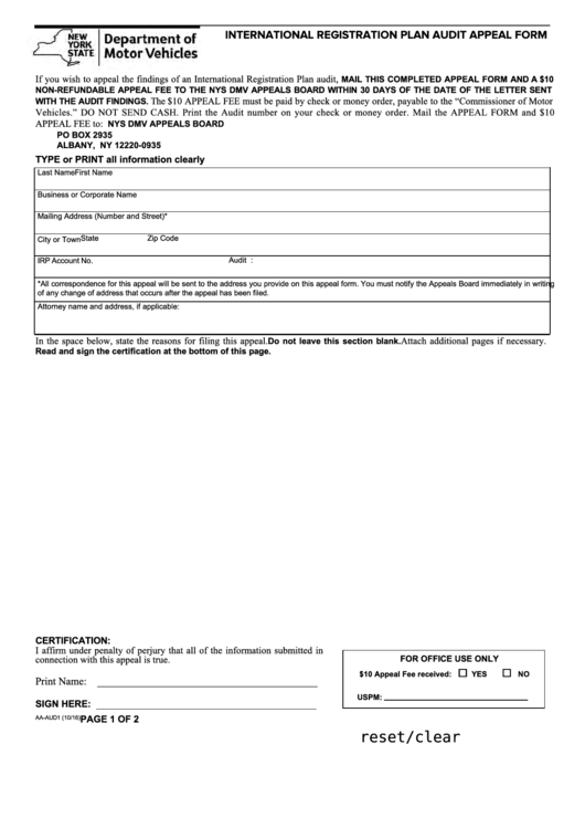 Fillable Form Aa-Aud1 - International Registration Plan Audit Appeal Form Printable pdf