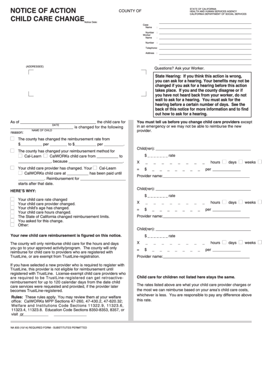 Fillable Form Na 833 - Notice Of Action - Child Care Change Printable pdf