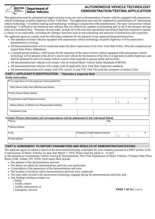 Form Av-1 - Autonomous Vehicle Technology Demonstration/testing ...
