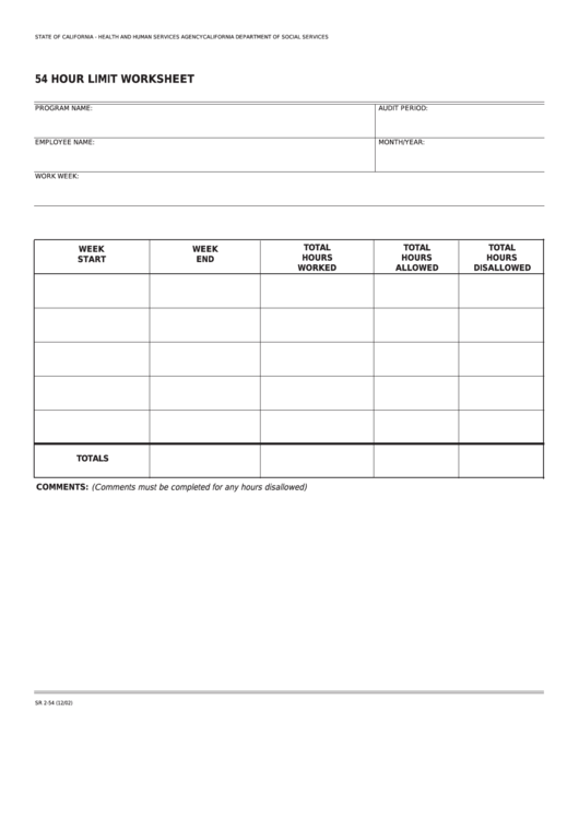 Fillable Form Sr 2-54 - 54 Hour Limit Worksheet Printable pdf