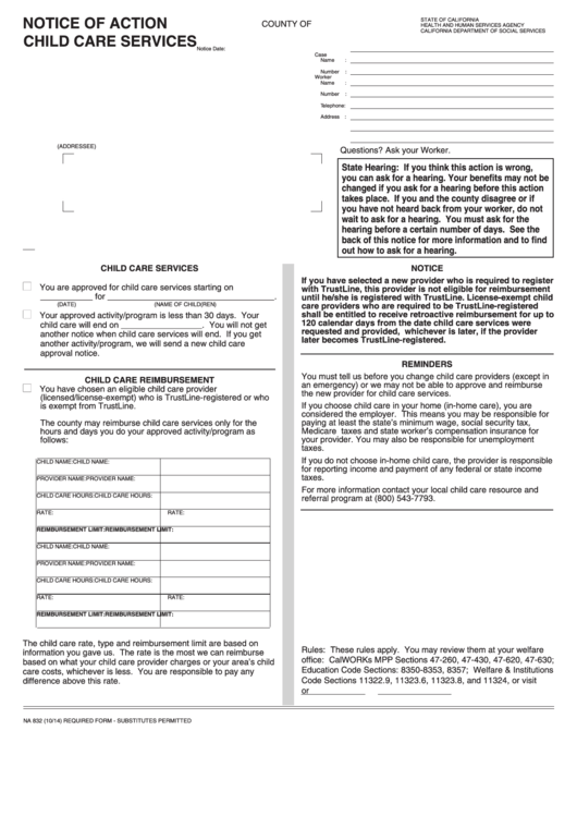 Fillable Form Na 832 - Notice Of Action - Child Care Services Printable pdf