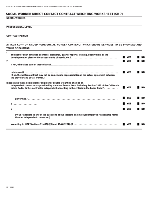Fillable Form Sr 7 - Social Worker Direct Contact Contract Weighting Worksheet Printable pdf