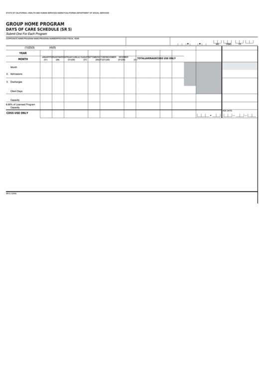 Fillable Form Sr 5 - Group Home Program Days Of Care Schedule Printable pdf