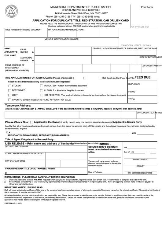 Fillable Form Ps2067a-18 - Application For Duplicate Title, Registration, Cab Or Lien Card Printable pdf