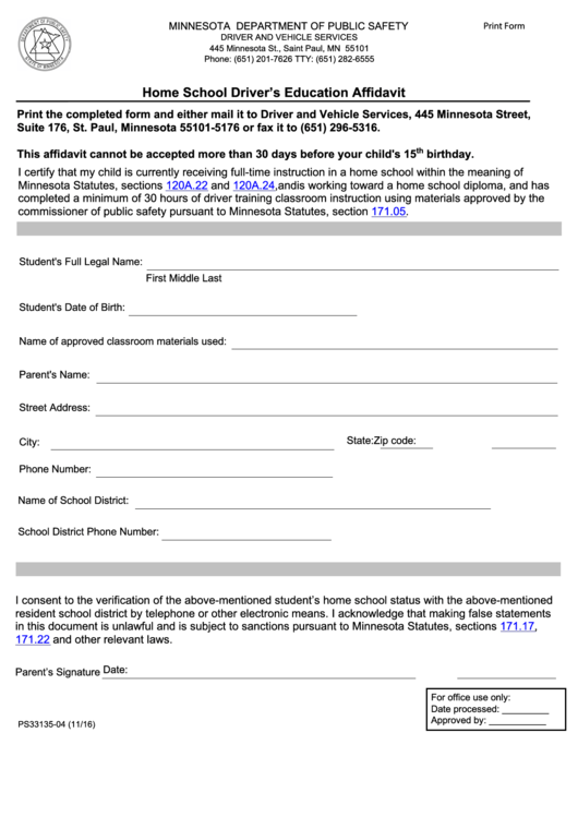 Fillable Form Ps33135-04 - Home School Driver'S Education Affidavit ...