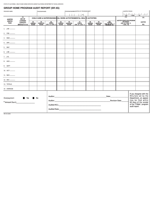 Fillable Form Sr 2g - Group Home Program Audit Report Printable pdf