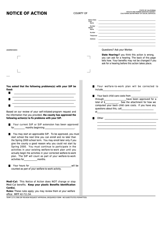 Fillable Form Temp 2175 - Notice Of Action Printable pdf
