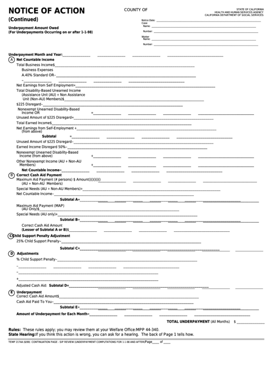 Fillable Form Temp 2174a - Notice Of Action Printable pdf