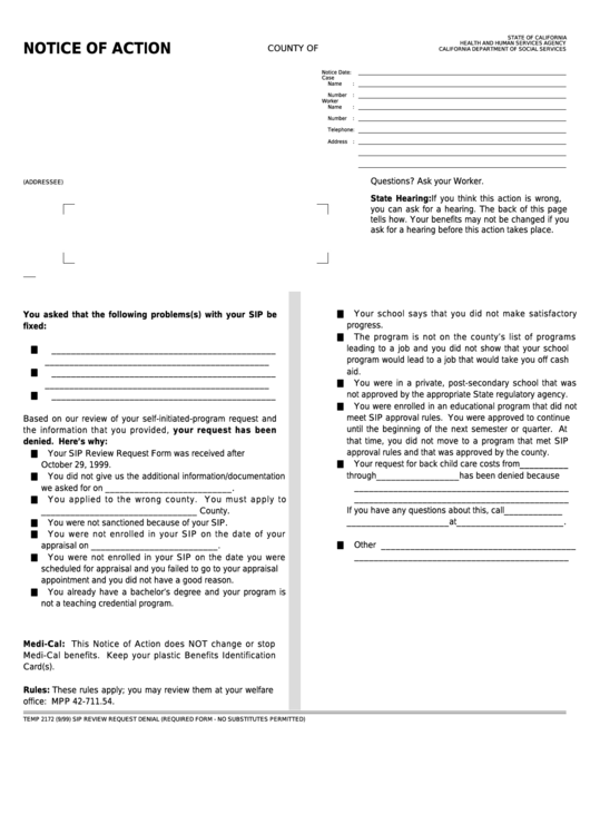 Fillable Form Temp 2172 - Notice Of Action Printable pdf