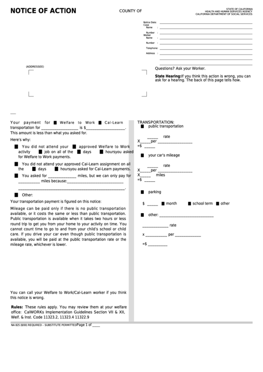 Fillable Form Na 825 - Notice Of Action - Payment Adjust Transportation Printable pdf