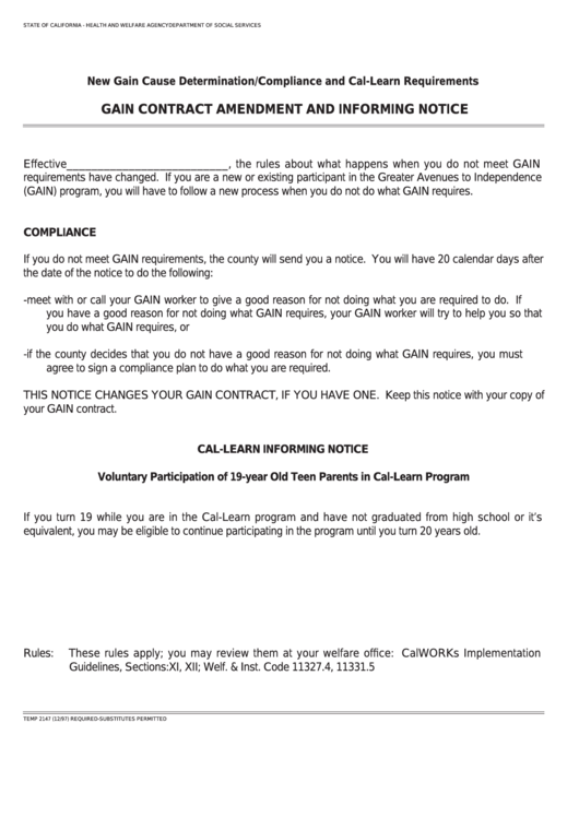 Form Temp 2147 - Gain Contract Amendment And Informing Notice Printable pdf