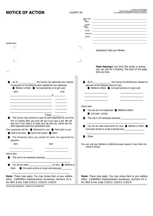 Fillable Form Na 823 - Notice Of Action - Ancillary Expenses Approval/denial Printable pdf