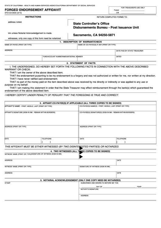 Fillable Form Sto-Ca-0034 - Forged Endorsement Affidavit Printable pdf
