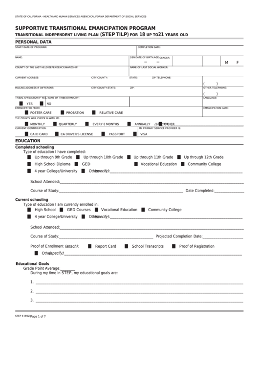 Fillable Form Step 8 - Supportive Transitional Emancipation Program Transitional Independent Living Plan Printable pdf