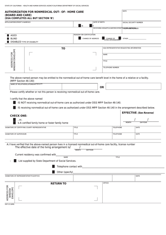 Fillable Form Ssp 22 - Authorization For Nonmedical Out- Of- Home Care Printable pdf
