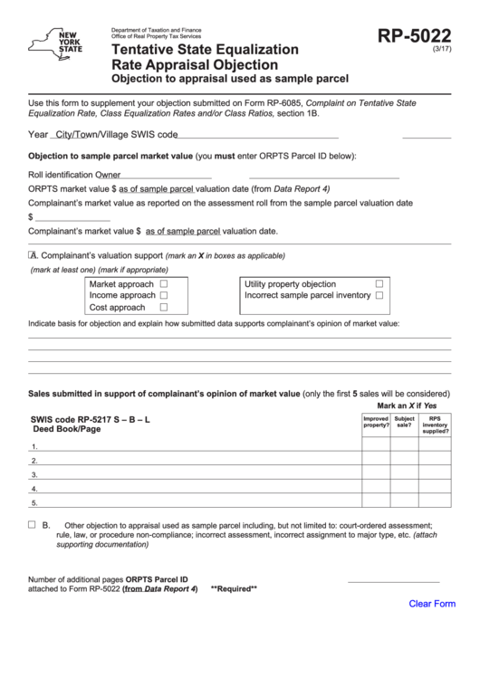 Fillable Form Rp-5022 - Tentative State Equalization Rate Appraisal Objection Printable pdf