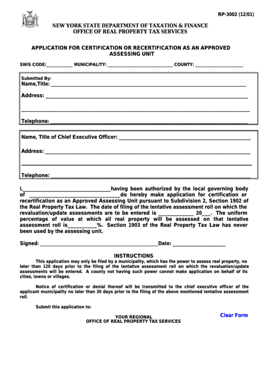 Fillable Form Rp-3002 - Application For Certification Or Recertification As An Approved Assessing Unit Printable pdf