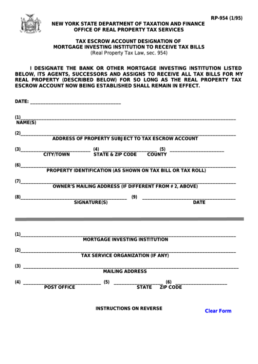 Fillable Form Rp-954 - Tax Escrow Account Designation Of Mortgage