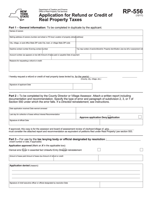 Fillable Form Rp-556 - Application For Refund Or Credit Of Real Property Taxes Printable pdf