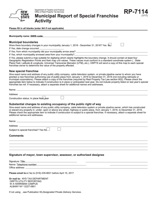 Fillable Form Rp-7114 - Municipal Report Of Special Franchise Activity Printable pdf