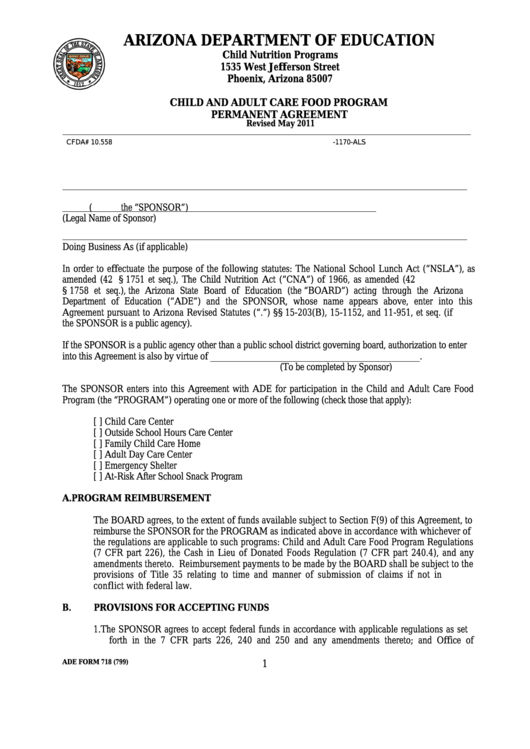 Ade Form 718 - Permanent Agreement Printable pdf