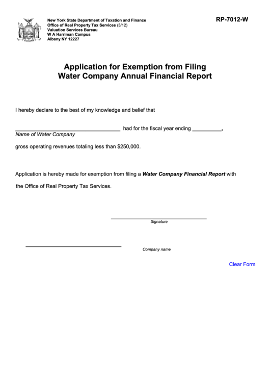 Fillable Form Rp-7012-W - Application For Exemption From Filing Water Company Annual Financial Report Printable pdf