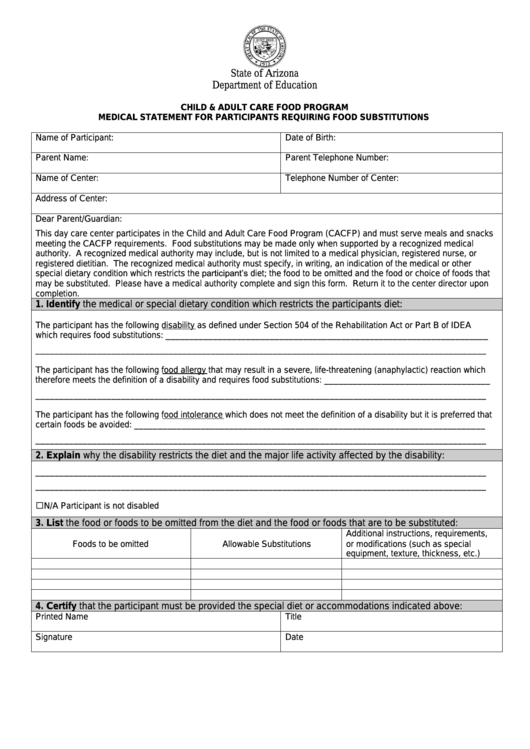 Medical Statement For Participants Requiring Food Substitutions - Arizona Department Of Education Printable pdf